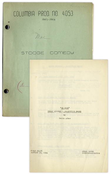 Moe Howard's 26pp. Script Dated January 1946 for The Three Stooges Film ''Three Loan Wolves'', Working Title ''In Hock'' -- With Call Sheet & ''Do not lose this copy'' written on cover -- Very Good